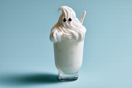 Halloween Ghost Milkshake with Whipped Cream on Blue Background