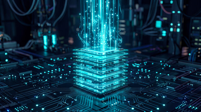 Futuristic microchip processor on circuit board emitting cyan light representing high-performance computing, artificial intelligence, data processing, and advanced server technology concept