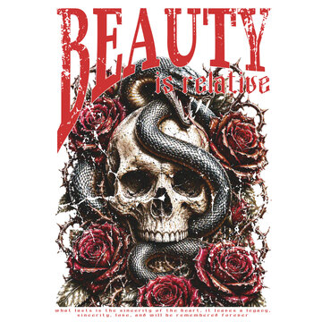 Skull with Snake and Roses, Beauty in Death Gothic Vintage Illustration