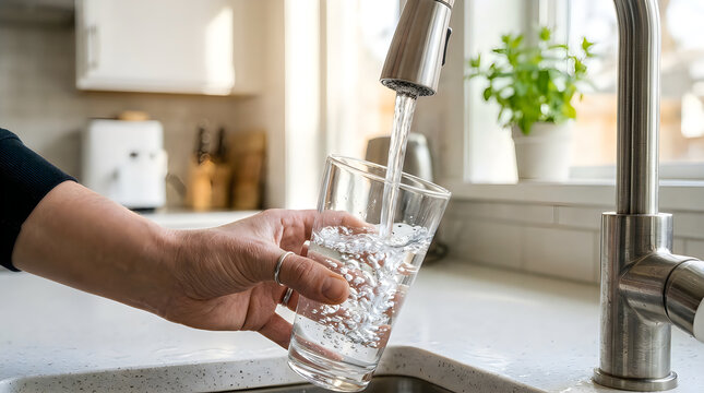 Person filling a clear glass with fresh water from a modern kitchen sink faucet