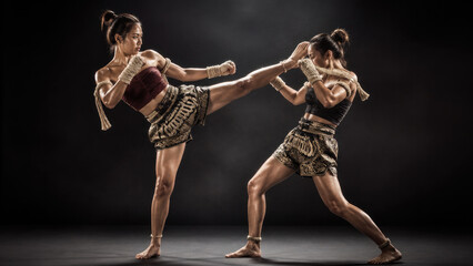 Fototapeta premium Two female Muay Thai fighters in traditional golden attire performing high kick combat moves against dark background showcasing strength and martial arts discipline