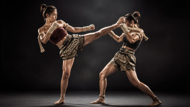 Two female Muay Thai fighters in traditional golden attire performing high kick combat moves against dark background showcasing strength and martial arts discipline