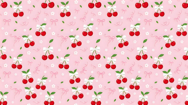 Seamless pattern with cute red cherries and white flowers on a soft pink background