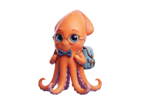 Adorable cartoon squid student character wearing glasses and backpack