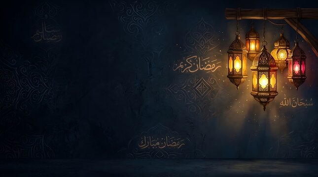 Ramadan Lanterns Glowing In The Dark With Arabic Calligraphy On Wall