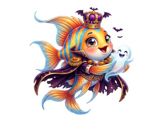 Fototapeta premium Whimsical fish character wearing crown and cape for halloween