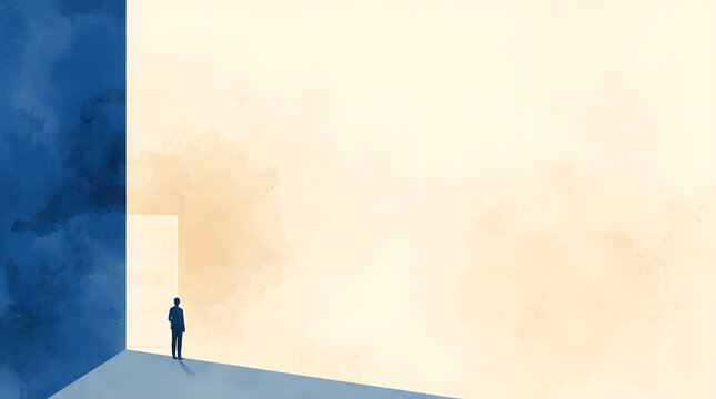 Man on Edge of Brightness: A solitary man stands at the threshold between darkness and light, facing an expansive, illuminated space, symbolizing hope and opportunity.
