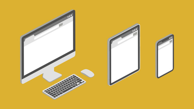 Isometric view of a desktop computer, tablet, and smartphone displaying blank screens on a yellow background.