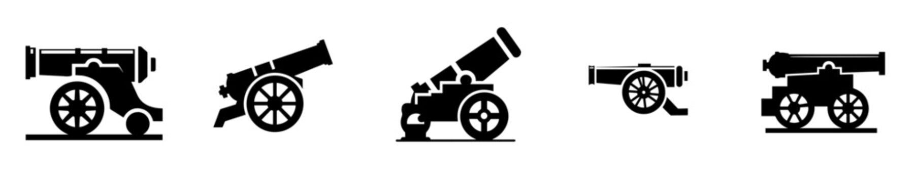 Set of vintage cannon icons in black silhouette style