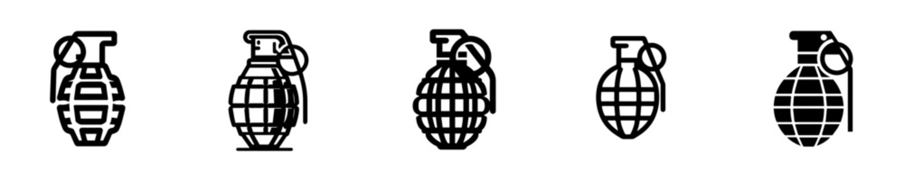 Set of five black and white grenade icon illustrations