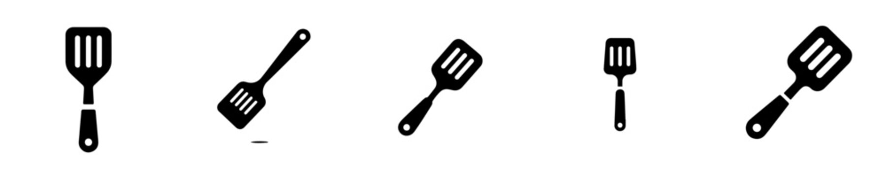 Set of black spatula icons in various angles on white background