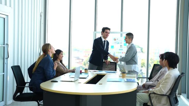 Business professionals discussing project in office meeting, corporate teamwork, business strategy, workplace collaboration, management communication, professional partnership.