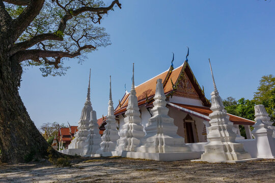 Ancient Buddhist Temple Assembly Hall and White Pagodas
