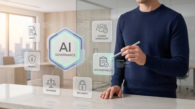 Corporate AI governance framework displaying executive interacting with digital regulatory compliance and ethics policy