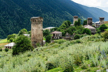Fototapeta premium village with towers Svan, Zhamushi, Upper Svaneti, Caucasus mountain range, Georgia