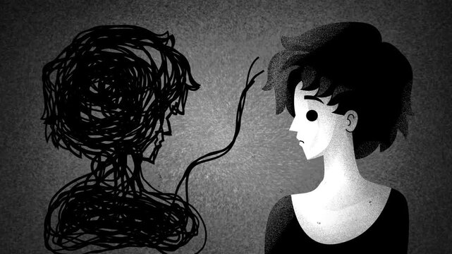 woman forming a double of herself from tangled webs of thoughts representing the unconscious mind