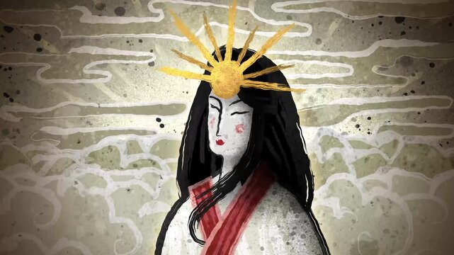 japanese mythology goddess amaterasu depicted in a traditional illustrated style
