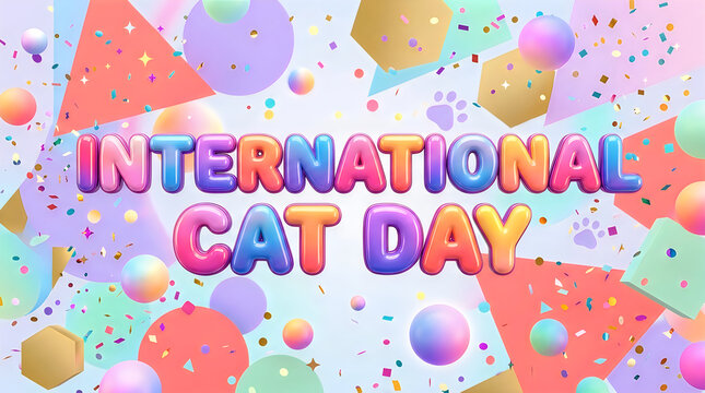 International cat day colorful greeting banner with 3d bubble letters and geometric shapes