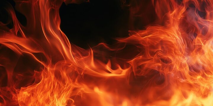 Vibrant flames dance against deep black background