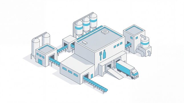 Isometric food and beverage processing factory building with conveyor belts and delivery truck illustration