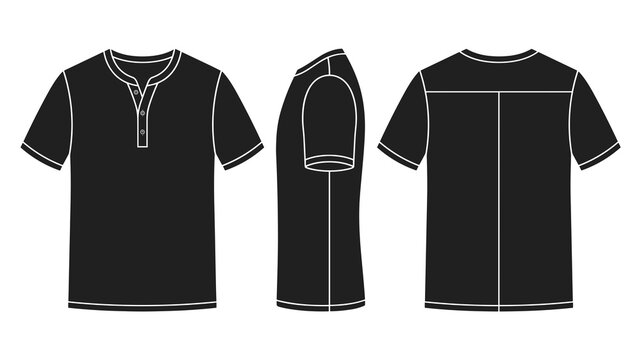 Men's short sleeve Henley shirt illustration (black / three views) technical flat sketch template