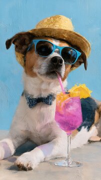 Cool dog wears hat and sunglasses