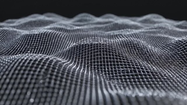 Wavy mesh grid with light highlights against a dark background