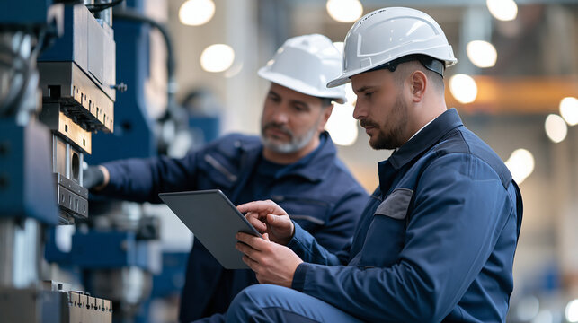 Faceless factory manager and industrial worker inspecting heavy press machinery operation on manufacturing plant floor, quality control concept, defocused background, with copy