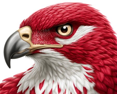 Majestic red and white falcon head in profile, detailed digital illustration with vibrant feathers and intense gaze