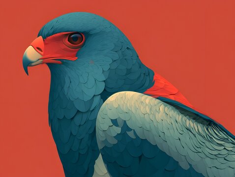 Vibrant stylized hawk portrait with blue and red feathers on a bold orange background