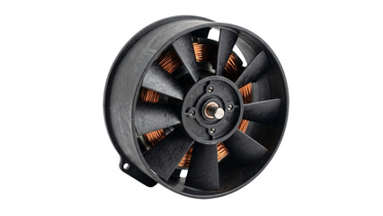 Naklejka premium Industrial axial fan with black plastic blades and copper motor windings inside black housing isolated on transparent background cooling system ventilation equipment unit