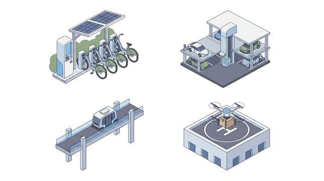 Smart city transport and logistics isometric set with electric bike charging, automated parking, autonomous bus, and delivery drone rooftop pad