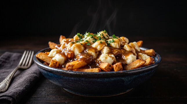 Poutine, a dish of french fries and cheese curds topped with a hot brown beef and chicken stock gravy