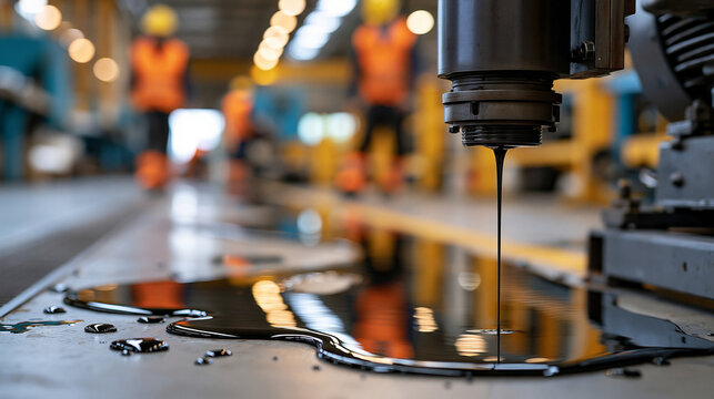 Close-up of dark machine oil spill on industrial factory floor with defocused workers in background, workplace safety and hazard prevention concept, with copy space