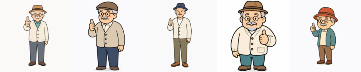 Set of vector illustrations of a grandfather giving a thumbs-up