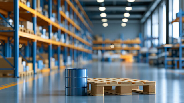 Large empty modern warehouse interior with industrial shelving and polished floor, defocused background, with copy space