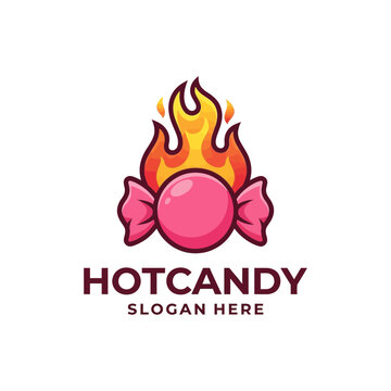 Hot candy logo design with burning flame element for sweet snack branding vector graphic illustration isolated