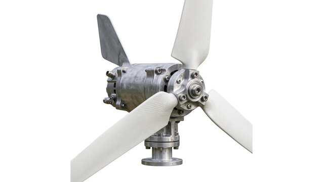 Three blade turbine mounted on silver metal motor assembly isolated on transparent background high performance aerogenerator power supply unit for renewable energy production