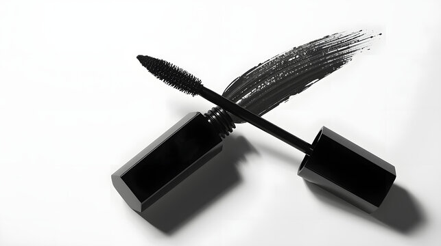 Mascara Brush Stroke: A sleek black mascara wand with a swatch of rich black mascara creates a dramatic effect, highlighting the beauty product and its texture.