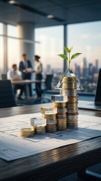 Metallic coin stack forming rising arrow with small green sprout, architectural blueprint on executive office desk, blurry professional partner in background, corporate finance growth.