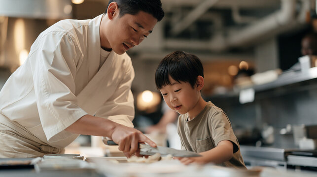 A child peering up wide-eyed at a professional sushi chef demonstrating knife technique inside a stark industrial kitchen with exposed pipes and steel counters, the generational