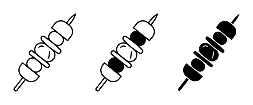 Skewered Food Icons: Three Styles of Kabob and Barbecue Vector Graphics, Simple Line Art and Solid Fill for Culinary Design