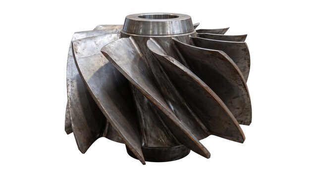 Centrifugal compressor impeller with curved metal blades isolated on transparent background for gas turbine engine turbocharger and industrial fluid dynamics machinery