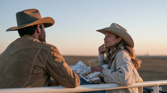 A cattle rancher and his adult daughter sitting on a fence under twilight blue hour sky, both unaware of being observed, sharing leftover holiday tamales from foil wrap, a