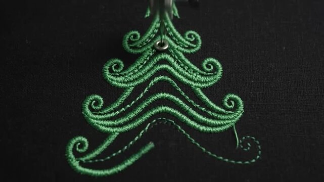 Closeup of an embroidery machine stitching a decorative green pattern onto black fabric, showcasing the intricate needlework and thread texture