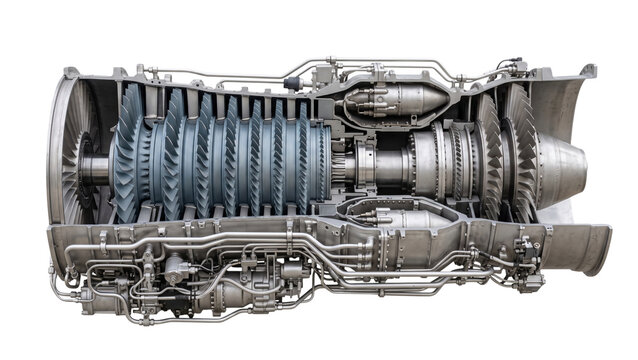 Jet engine cross section view showing internal turbine stages and combustion chamber components isolated on transparent background for aerospace and aviation technology