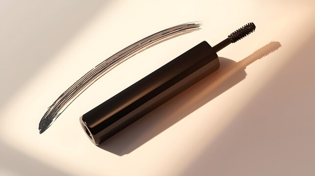 Mascara Wand and Swatch: A close-up view of a black mascara wand next to a rich, dark swatch of mascara, highlighting its texture and application.