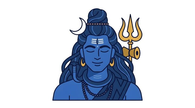 Blue Shiva portrait holding golden trident illustration