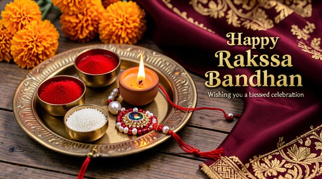 Happy Raksha Bandhan Greeting with Rakhi, Puja Thali and Traditional Indian Festival Decoration