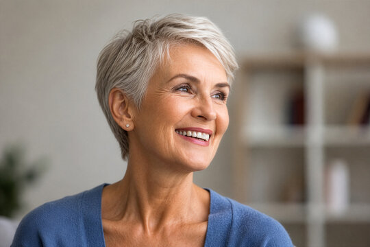Portrait d'une femme senior souriante &agrave; domicile, bien-&ecirc;tre, confiance, beaut&eacute; naturelle et vieillissement actif